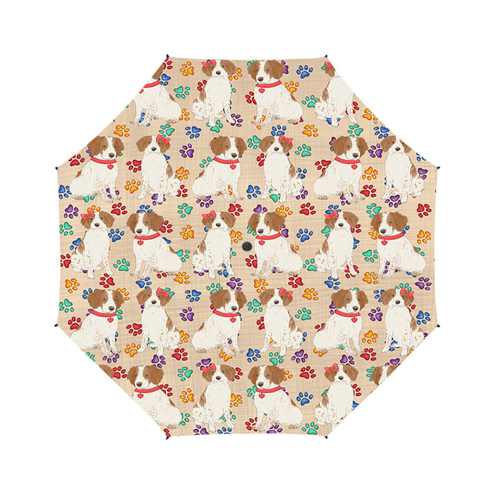 Rainbow Paw Print Brittany Spaniel Dogs Red Semi-Automatic Foldable Umbrella