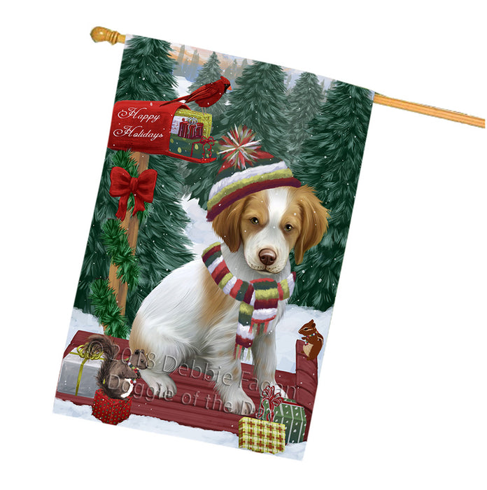 Merry Christmas Woodland Sled Brittany Spaniel Dog House Flag FLG55300