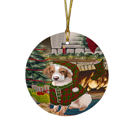 The Stocking was Hung Brittany Spaniel Dog Round Flat Christmas Ornament RFPOR55601