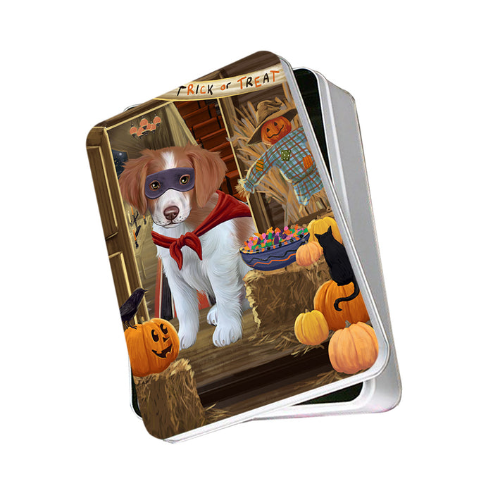 Enter at Own Risk Trick or Treat Halloween Brittany Spaniel Dog Photo Storage Tin PITN53045