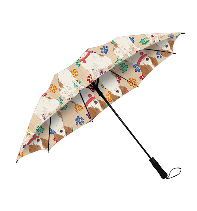 Rainbow Paw Print Brittany Spaniel Dogs Red Semi-Automatic Foldable Umbrella