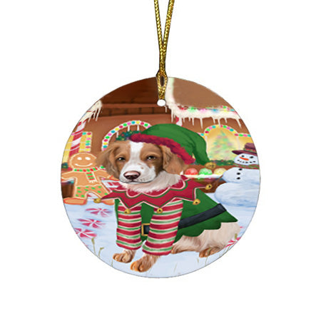 Christmas Gingerbread House Candyfest Brittany Spaniel Dog Round Flat Christmas Ornament RFPOR56572