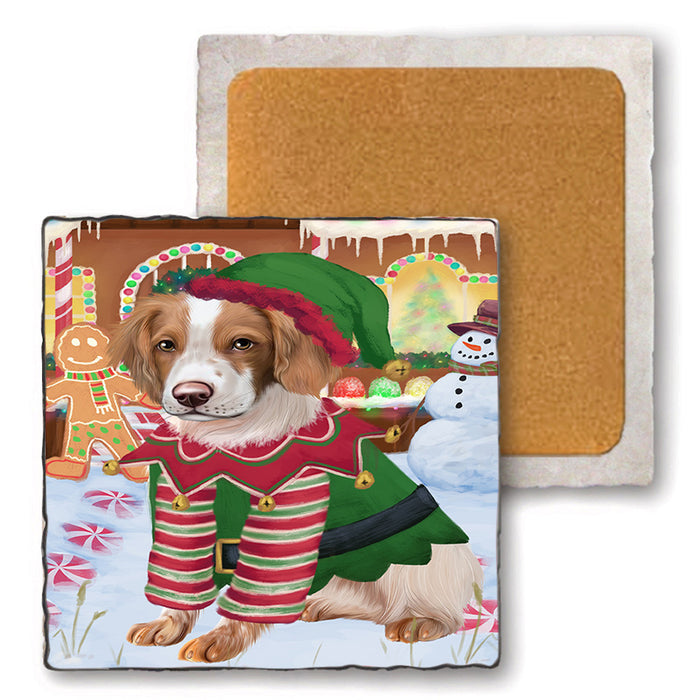 Christmas Gingerbread House Candyfest Brittany Spaniel Dog Set of 4 Natural Stone Marble Tile Coasters MCST51216