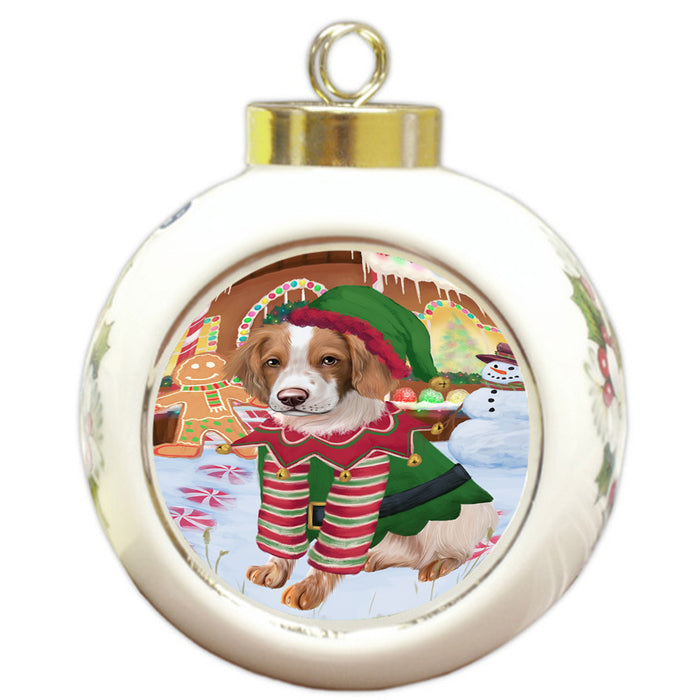 Christmas Gingerbread House Candyfest Brittany Spaniel Dog Round Ball Christmas Ornament RBPOR56572