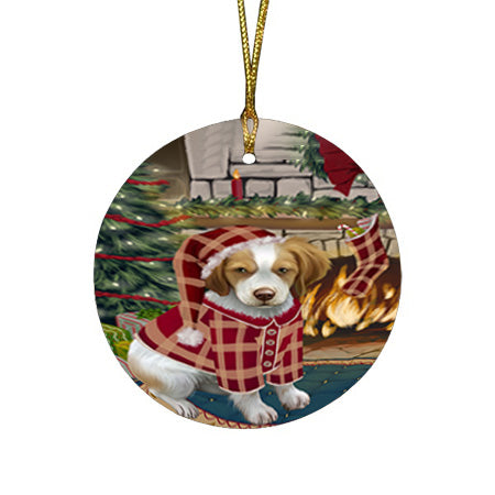 The Stocking was Hung Brittany Spaniel Dog Round Flat Christmas Ornament RFPOR55602