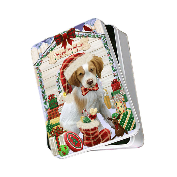Happy Holidays Christmas Brittany Spaniel Dog House with Presents Photo Storage Tin PITN51362