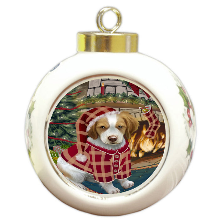 The Stocking was Hung Brittany Spaniel Dog Round Ball Christmas Ornament RBPOR55602