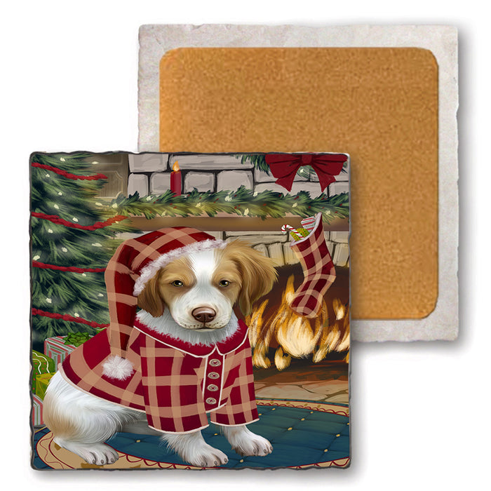 The Stocking was Hung Brittany Spaniel Dog Set of 4 Natural Stone Marble Tile Coasters MCST50246