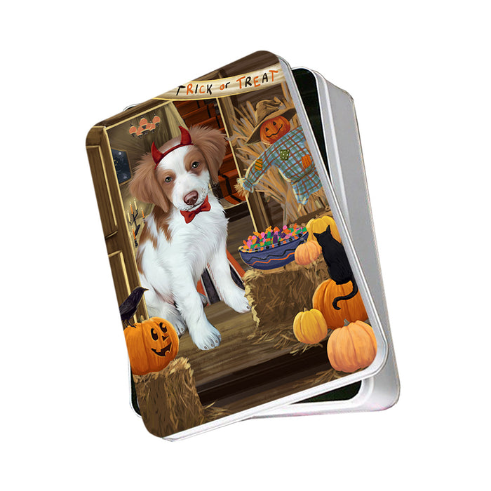 Enter at Own Risk Trick or Treat Halloween Brittany Spaniel Dog Photo Storage Tin PITN53047