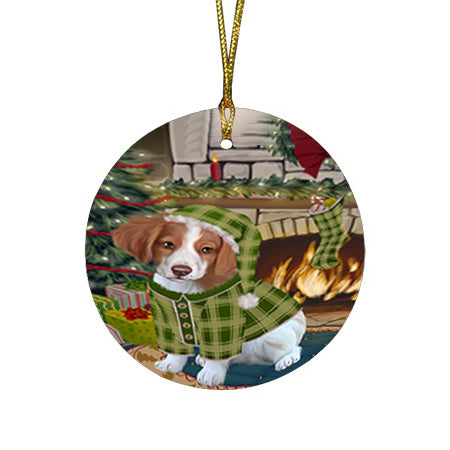 The Stocking was Hung Brittany Spaniel Dog Round Flat Christmas Ornament RFPOR55603