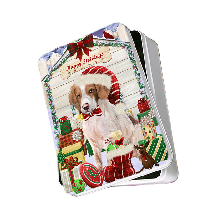 Happy Holidays Christmas Brittany Spaniel Dog House with Presents Photo Storage Tin PITN51363