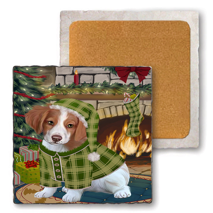 The Stocking was Hung Brittany Spaniel Dog Set of 4 Natural Stone Marble Tile Coasters MCST50247