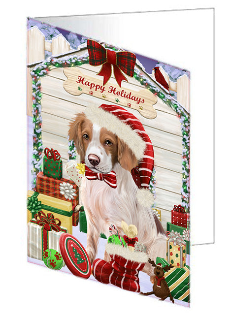 Happy Holidays Christmas Brittany Spaniel Dog House with Presents Handmade Artwork Assorted Pets Greeting Cards and Note Cards with Envelopes for All Occasions and Holiday Seasons GCD58118