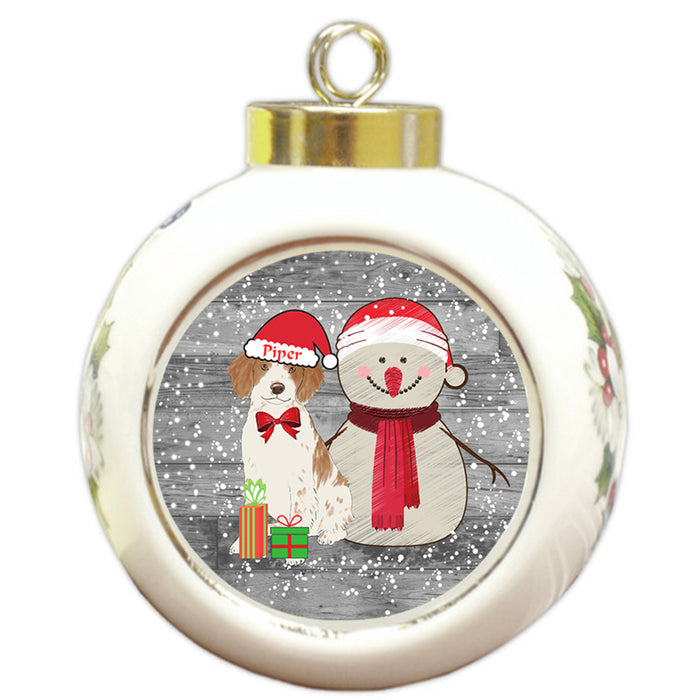 Custom Personalized Snowy Snowman and Brittany Spanie Dog Christmas Round Ball Ornament