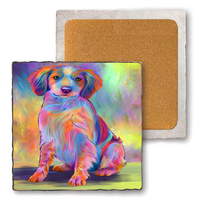 Paradise Wave Brittany Spaniel Dog Set of 4 Natural Stone Marble Tile Coasters MCST51696