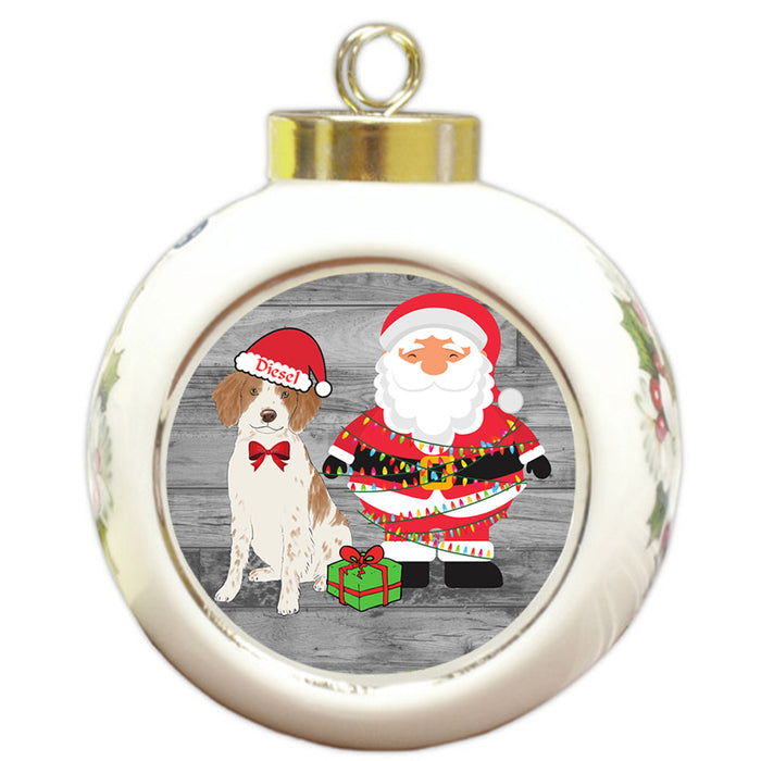 Custom Personalized Brittany Spanie Dog With Santa Wrapped in Light Christmas Round Ball Ornament