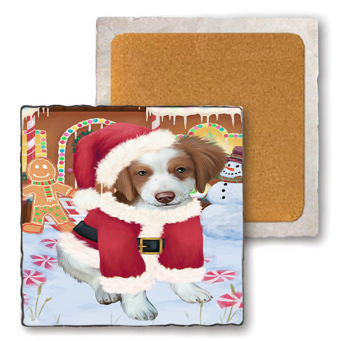 Christmas Gingerbread House Candyfest Brittany Spaniel Dog Set of 4 Natural Stone Marble Tile Coasters MCST51288
