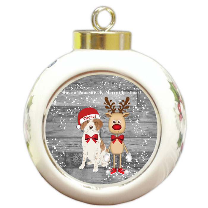 Custom Personalized Brittany Spanie Dog Reindeer and Pooch Christmas Round Ball Ornament