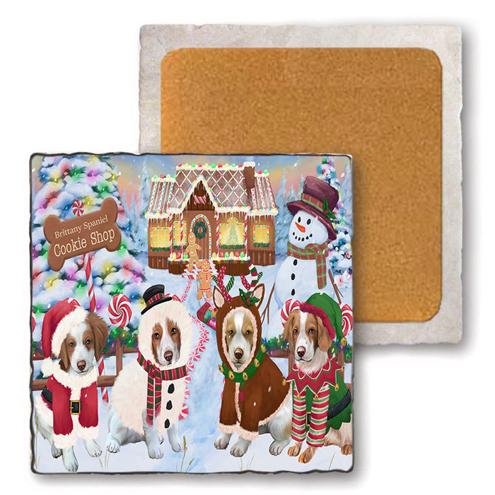 Holiday Gingerbread Cookie Shop Brittany Spaniels Dog Set of 4 Natural Stone Marble Tile Coasters MCST51385