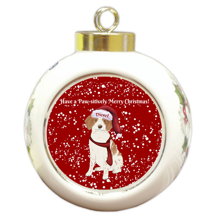 Custom Personalized Pawsitively Brittany Spanie Dog Merry Christmas Round Ball Ornament