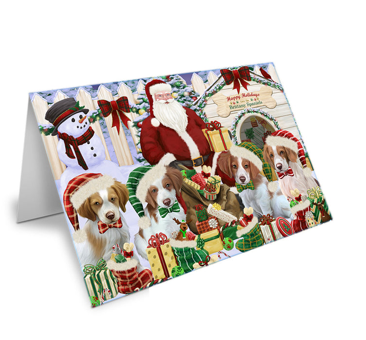 Happy Holidays Christmas Brittany Spaniels Dog House Gathering Handmade Artwork Assorted Pets Greeting Cards and Note Cards with Envelopes for All Occasions and Holiday Seasons GCD57887