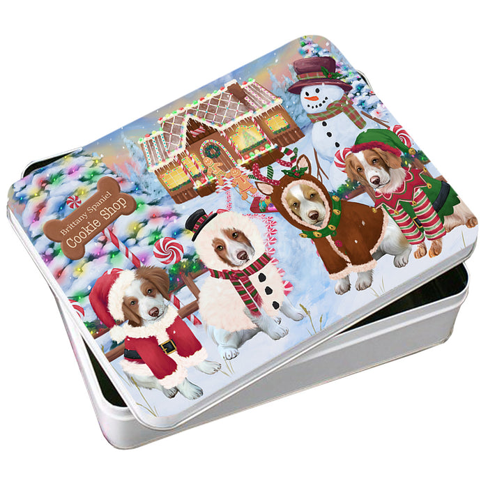 Holiday Gingerbread Cookie Shop Brittany Spaniels Dog Photo Storage Tin PITN56328