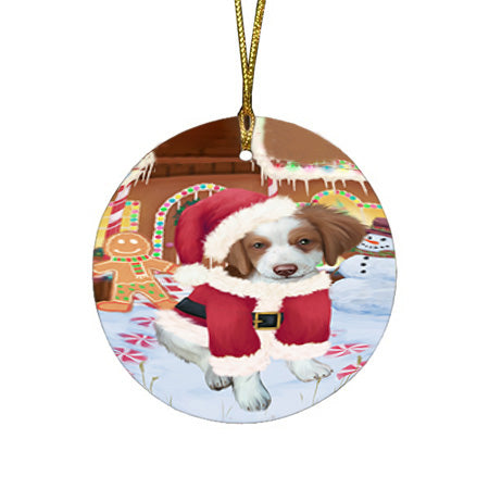 Christmas Gingerbread House Candyfest Brittany Spaniel Dog Round Flat Christmas Ornament RFPOR56644