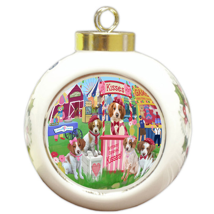 Carnival Kissing Booth Brittany Spaniels Dog Round Ball Christmas Ornament RBPOR56635