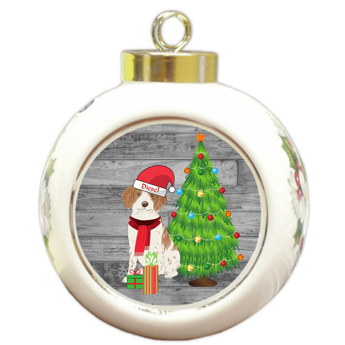 Custom Personalized Brittany Spanie Dog With Tree and Presents Christmas Round Ball Ornament