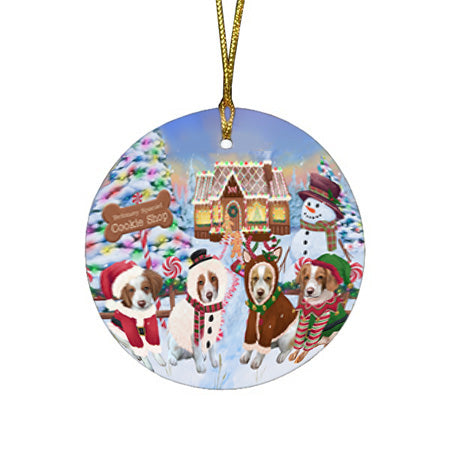 Holiday Gingerbread Cookie Shop Brittany Spaniels Dog Round Flat Christmas Ornament RFPOR56741