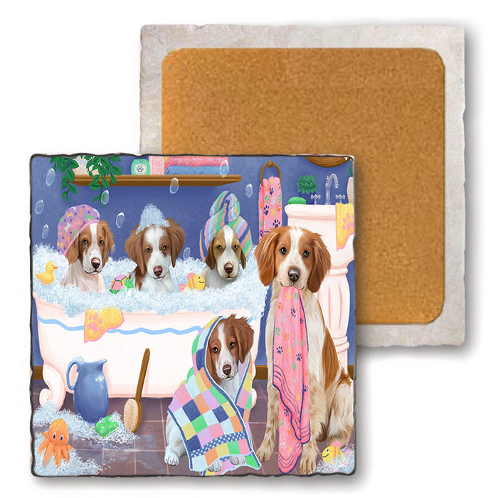 Rub A Dub Dogs In A Tub Brittany Spaniels Dog Set of 4 Natural Stone Marble Tile Coasters MCST51773