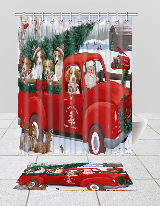 Christmas Santa Express Delivery Red Truck Brittany Spaniel Dogs Bath Mat and Shower Curtain Combo