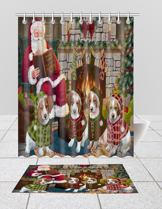 Christmas Cozy Holiday Fire Tails Brittany Spaniel Dogs Bath Mat and Shower Curtain Combo