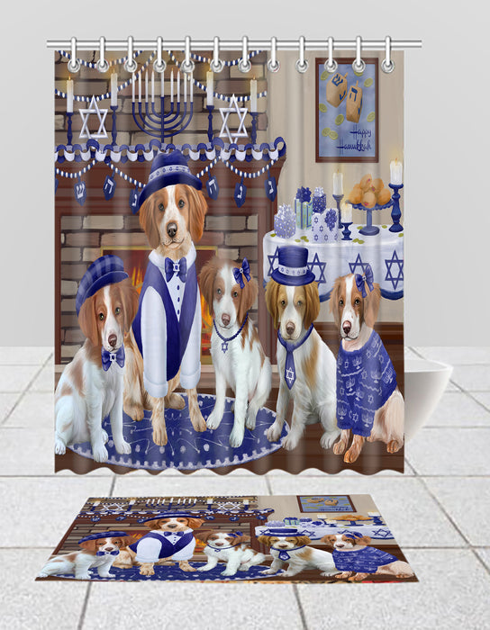 Happy Hanukkah Family Brittany Spaniel Dogs Bath Mat and Shower Curtain Combo
