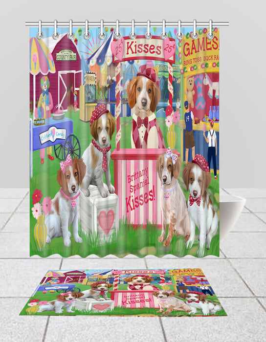 Carnival Kissing Booth Brittany Spaniel Dogs  Bath Mat and Shower Curtain Combo