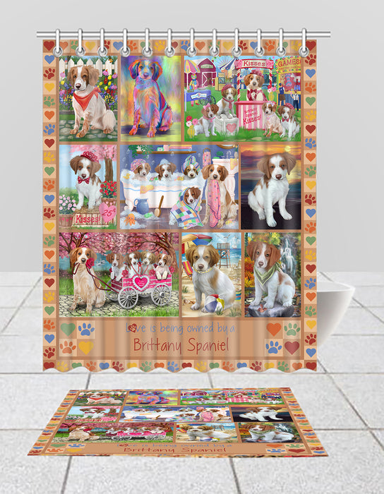 Love is Being Owned Brittany Spaniel Dog Beige Bath Mat and Shower Curtain Combo