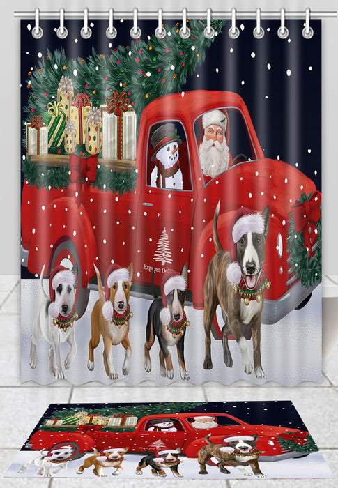 Christmas Express Delivery Red Truck Running Bull Terrier Dogs Bath Mat and Shower Curtain Combo