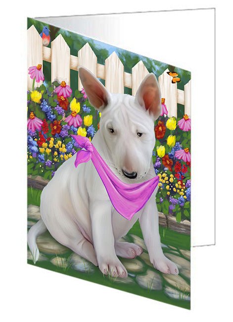 Spring Dog House Bull Terriers Dog Handmade Artwork Assorted Pets Greeting Cards and Note Cards with Envelopes for All Occasions and Holiday Seasons GCD53480