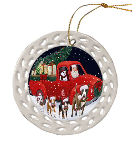 Christmas Express Delivery Red Truck Running Bull Terrier Dog Doily Ornament DPOR59250