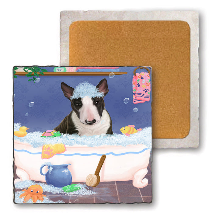 Rub A Dub Dog In A Tub Bull Terrier Dog Set of 4 Natural Stone Marble Tile Coasters MCST52326