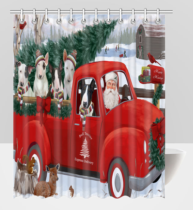 Christmas Santa Express Delivery Red Truck Bull Terrier Dogs Shower Curtain