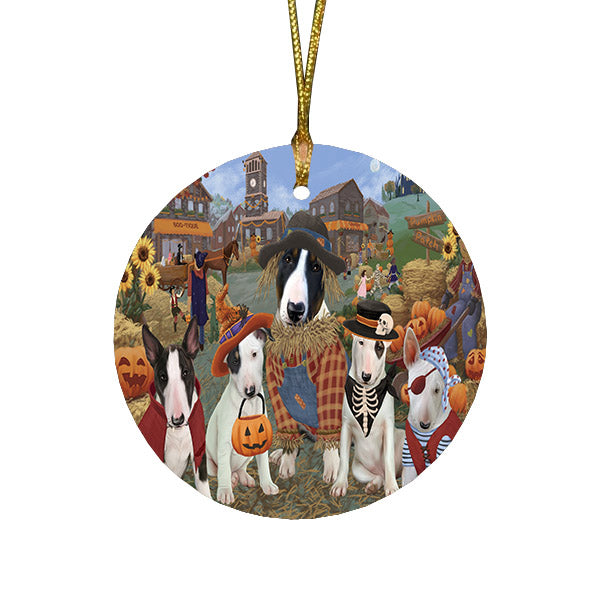 Halloween 'Round Town And Fall Pumpkin Scarecrow Both Bull Terrier Dogs Round Flat Christmas Ornament RFPOR57386