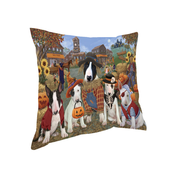 Halloween 'Round Town And Fall Pumpkin Scarecrow Both Bull Terrier Dogs Pillow PIL82328