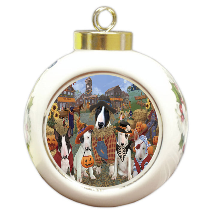 Halloween 'Round Town And Fall Pumpkin Scarecrow Both Bull Terrier Dogs Round Ball Christmas Ornament RBPOR57386