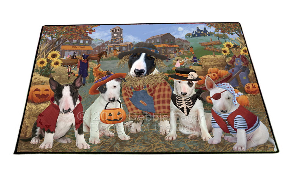 Halloween 'Round Town And Fall Pumpkin Scarecrow Both Bull Terrier Dogs Floormat FLMS53891