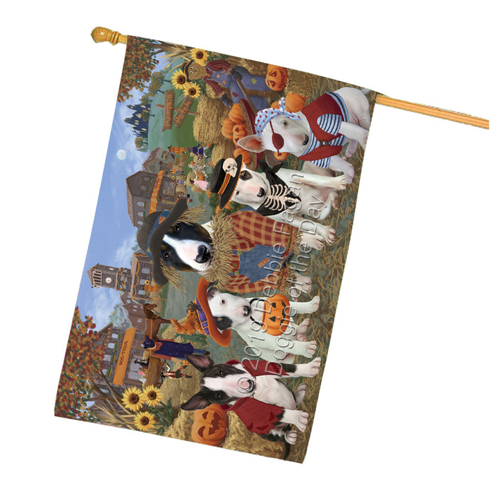 Halloween 'Round Town And Fall Pumpkin Scarecrow Both Bull Terrier Dogs House Flag FLG65638