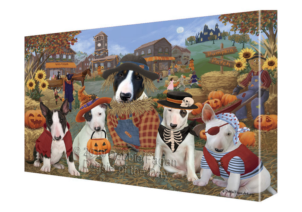Halloween 'Round Town And Fall Pumpkin Scarecrow Both Bull Terrier Dogs Canvas Print Wall Art Décor CVS139427