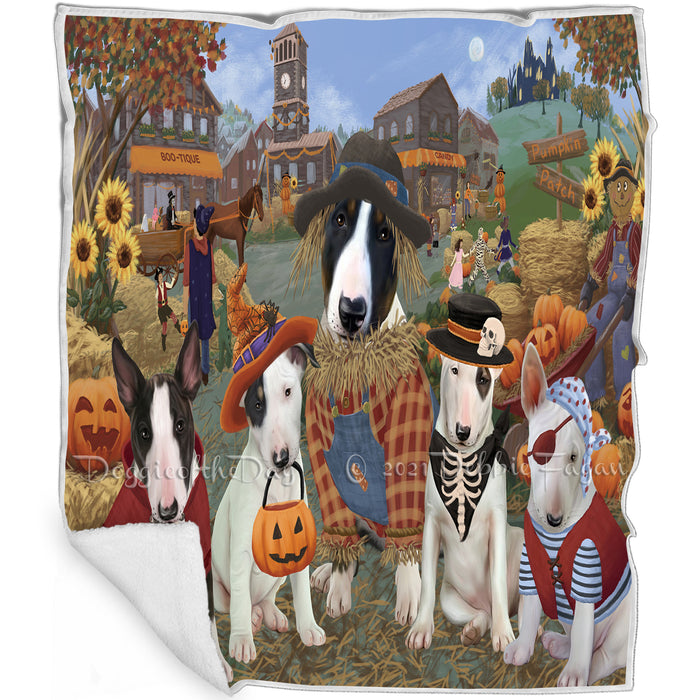 Halloween 'Round Town And Fall Pumpkin Scarecrow Both Bull Terrier Dogs Blanket BLNKT138800