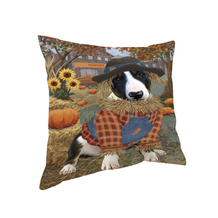 Halloween 'Round Town And Fall Pumpkin Scarecrow Both Bull Terrier Dogs Pillow PIL82572