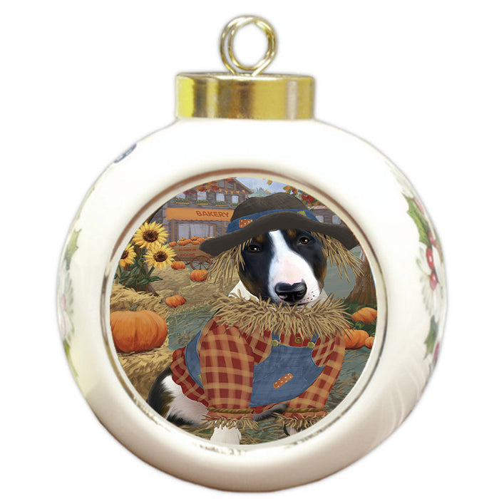 Halloween 'Round Town And Fall Pumpkin Scarecrow Both Bull Terrier Dogs Round Ball Christmas Ornament RBPOR57447